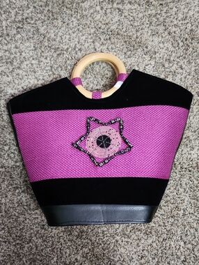 Wood Handle Pink and Black Women's Tote Bag
